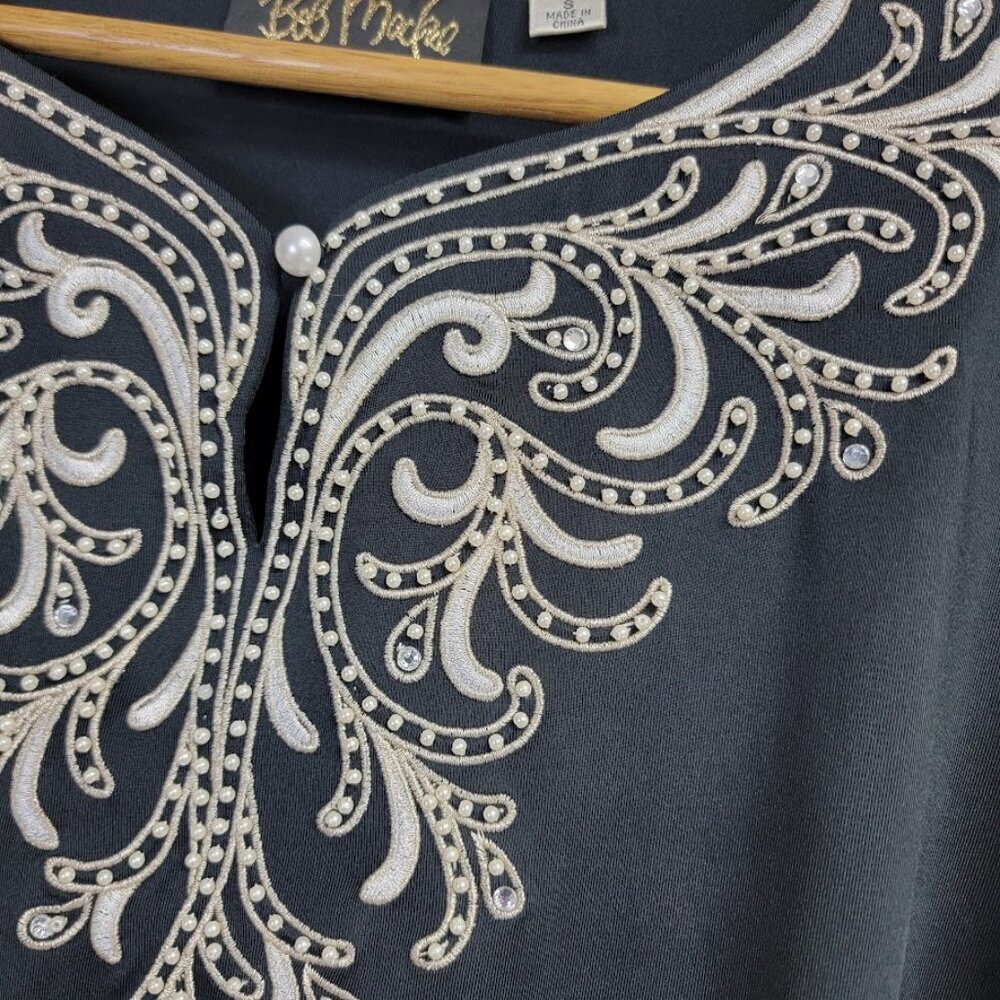 Bob Mackie Wearable Art Black Maxi Dress Size S Embroidery 3/4 Sleeve Whimsigoth - Picture 3 of 13